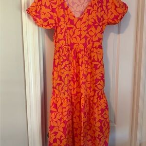 J. Crew Vibrant Orange and Pink Midi Dress